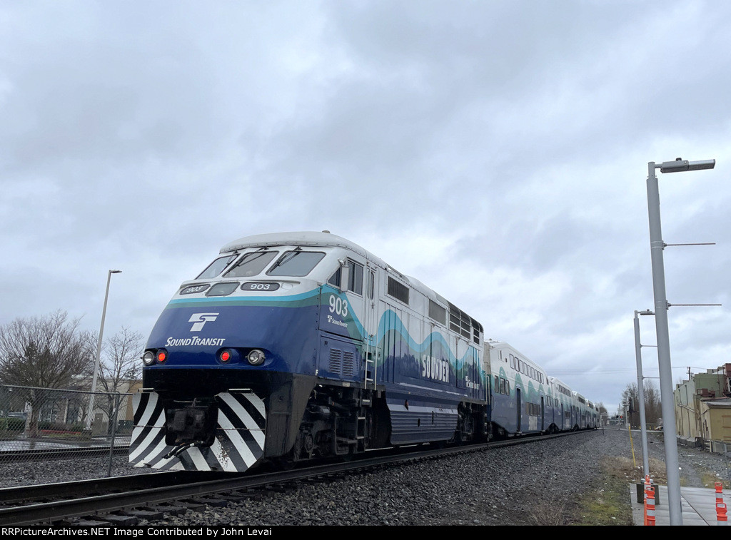 Sounder F59PHI # 903 pushes Train # 1518 out of Kent Station toward its next stop of Tukwila